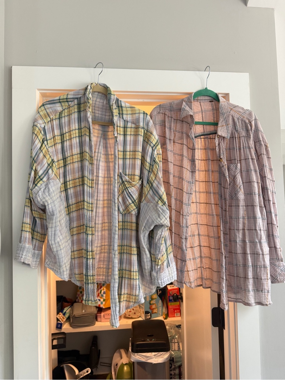 Free People Plaid Button Down Shirt Duo in Yellow and Pink and Gray Sweater